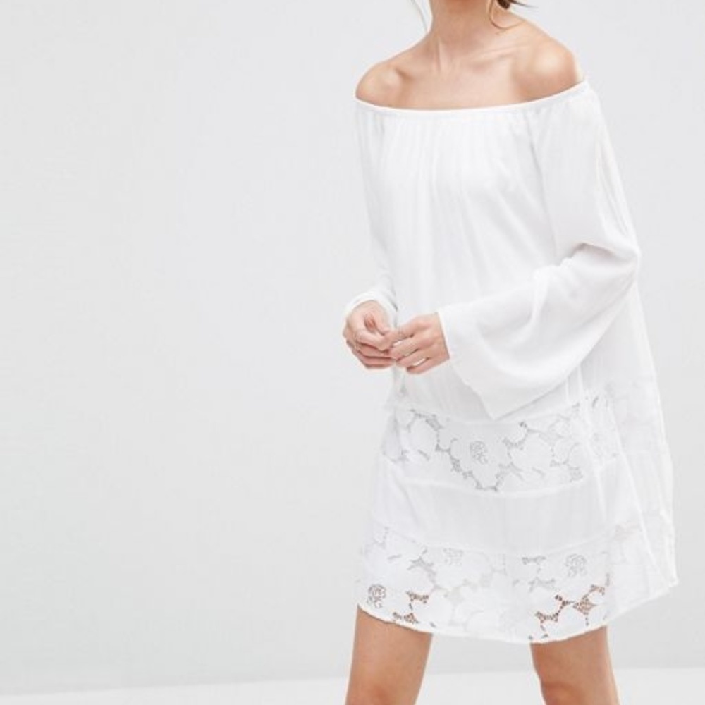 BCBG Off The Shoulder Long Sleeve White Lace Dress